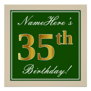 Poster Elégant, Vert, Faux Or 35ème anniversaire + Nom