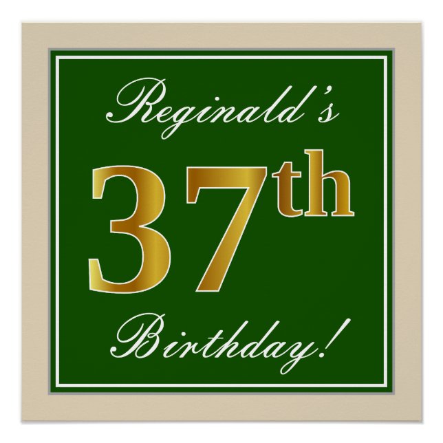 Poster Elégant, Vert, Faux Or 37ème Anniversaire + Nom (Devant)
