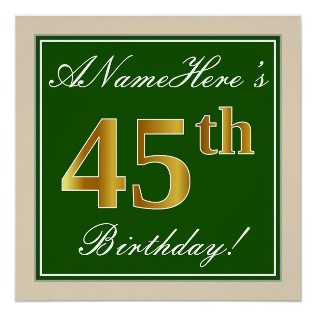 Poster Elégant, Vert, Faux Or 45ème Anniversaire + Nom (Devant)