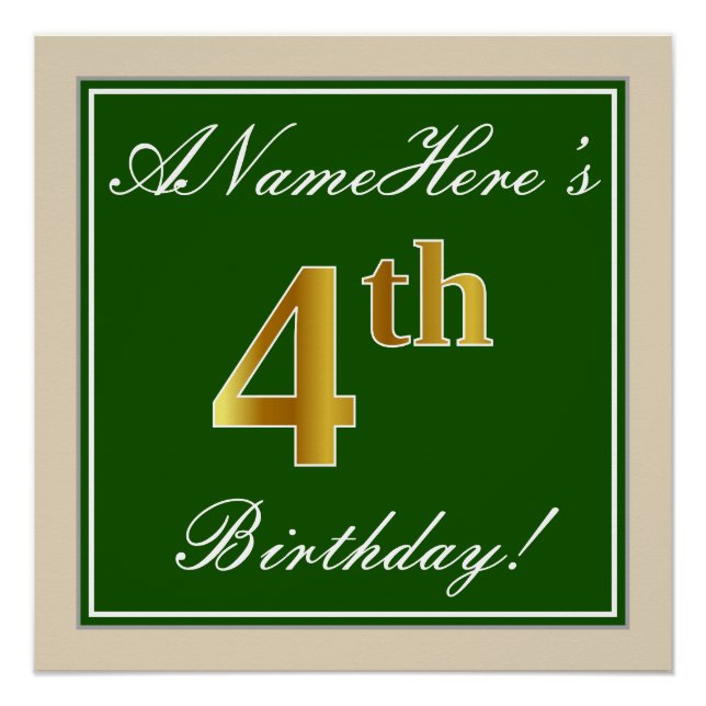 Poster Elégant, Vert, Faux Or 4ème Anniversaire + Nom (Devant)