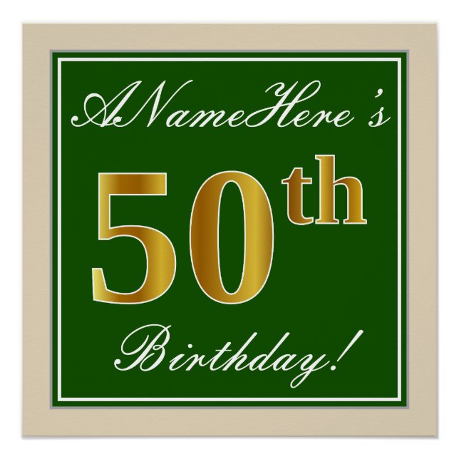 Poster Elégant, Vert, Faux Or 50ème Anniversaire + Nom (Devant)