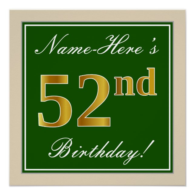 Poster Elégant, Vert, Faux Or 52ème Anniversaire + Nom (Devant)
