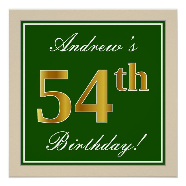 Poster Elégant, Vert, Faux Or 54ème Anniversaire + Nom (Devant)