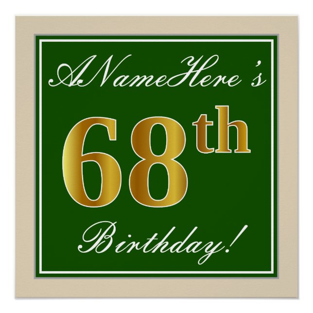 Poster Elégant, Vert, Faux Or 68ème anniversaire + Nom (Devant)