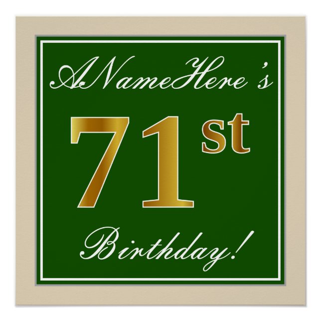 Poster Elégant, Vert, Faux Or 71ème Anniversaire + Nom (Devant)