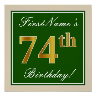 Poster Elégant, Vert, Faux Or 74ème Anniversaire + Nom