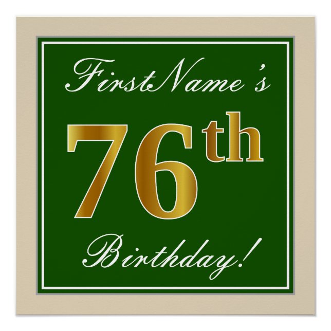 Poster Elégant, Vert, Faux Or 76ème anniversaire + Nom (Devant)