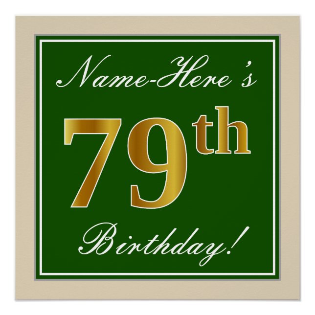 Poster Elégant, Vert, Faux Or 79ème Anniversaire + Nom (Devant)