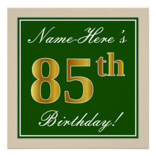 Poster Elégant, Vert, Faux Or 85ème Anniversaire + Nom