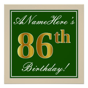 Poster Elégant, Vert, Faux Or 86ème Anniversaire + Nom