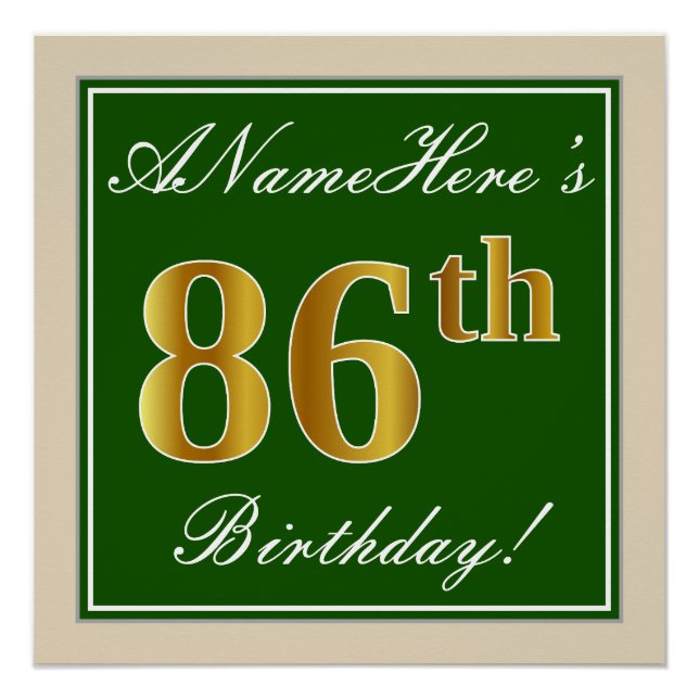 Poster Elégant, Vert, Faux Or 86ème Anniversaire + Nom (Devant)