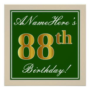 Poster Elégant, Vert, Faux Or 88ème Anniversaire + Nom