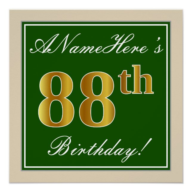 Poster Elégant, Vert, Faux Or 88ème Anniversaire + Nom (Devant)