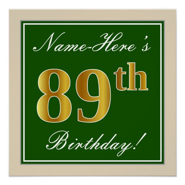 Poster Elégant, Vert, Faux Or 89ème Anniversaire + Nom (Devant)
