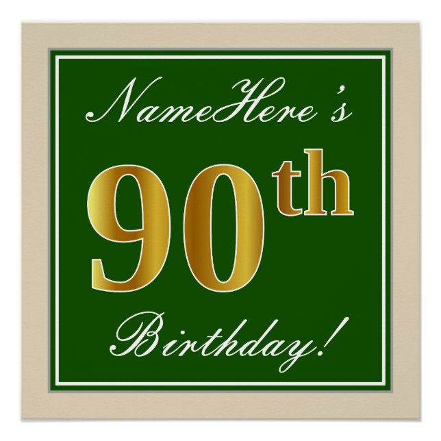 Poster Elégant, Vert, Faux Or 90ème Anniversaire + Nom (Devant)