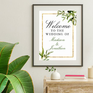 Poster Elégant Vert or Botanique Vin Mariage Bienvenue