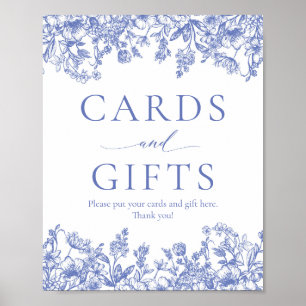 Poster Élégant Vintage Blue Floral Cartes et Cadeaux
