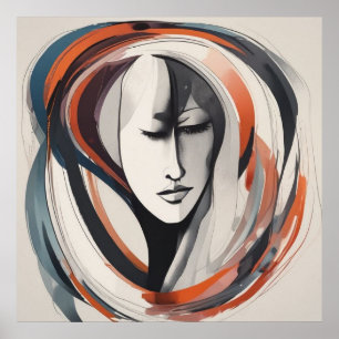 Poster Elégant visage de femme Brown Mur Bleu Art Abstrai