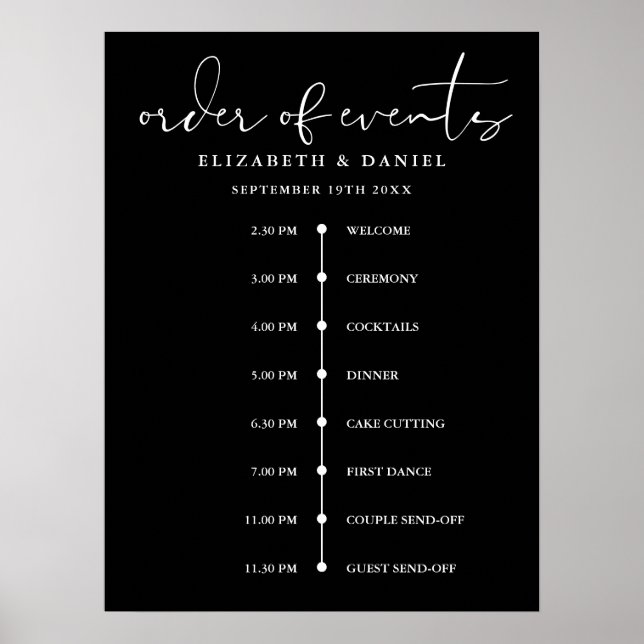 Poster Elegant Wedding Order Of Events Timeline Sign (Devant)