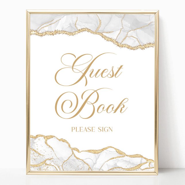 Poster Elegant White Gold Agate Guest Book Sign (Créateur téléchargé)