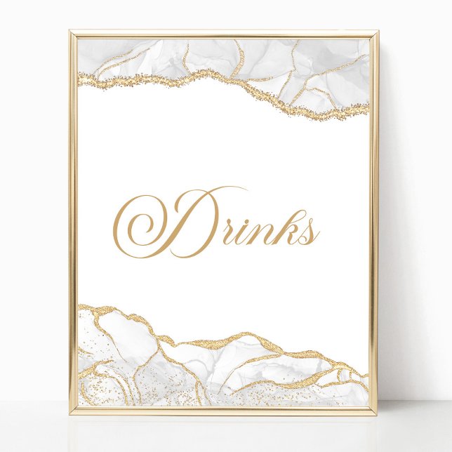 Poster Elegant White Gold Agate Party Drinks Sign (Créateur téléchargé)