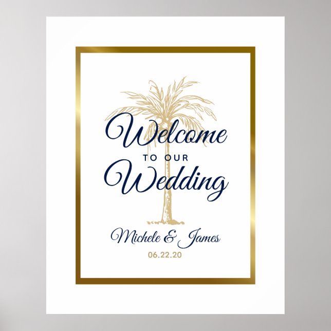 Poster Elégant White Navy Gold Palm Tree Mariage Bienvenu (Devant)