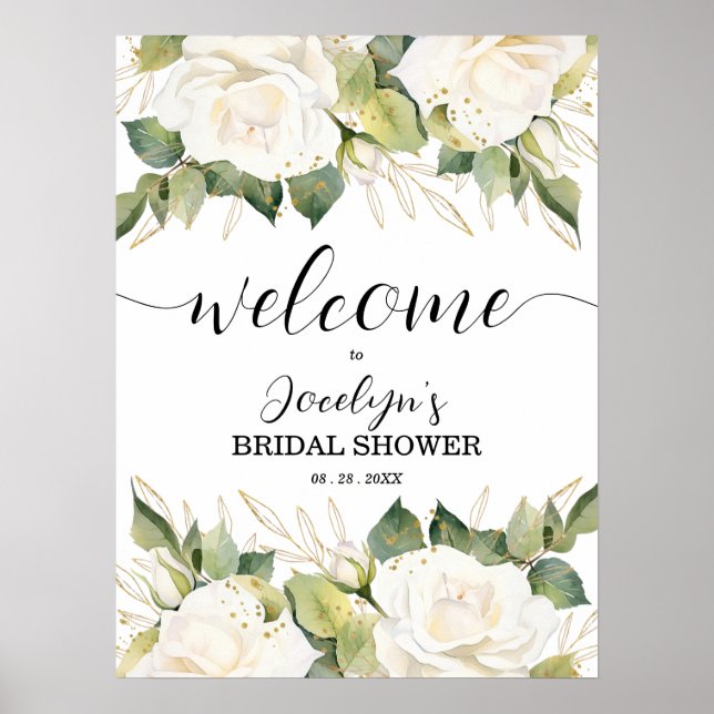 Poster Elegant White Roses Bridal Shower Welcome (Devant)