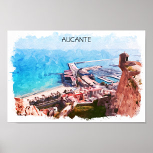 Poster Elégante Alicante Espagne Panorama Aquarelle
