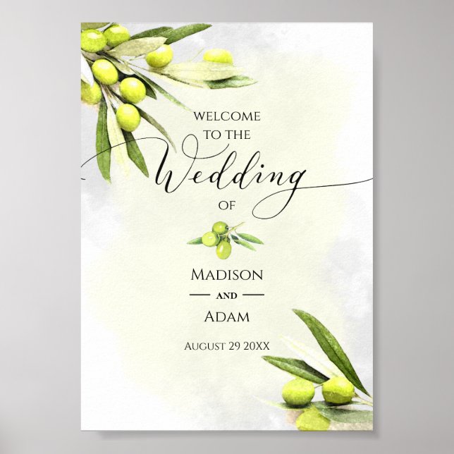 Poster Elégante aquarelle Branches d'olive Mariage (Devant)