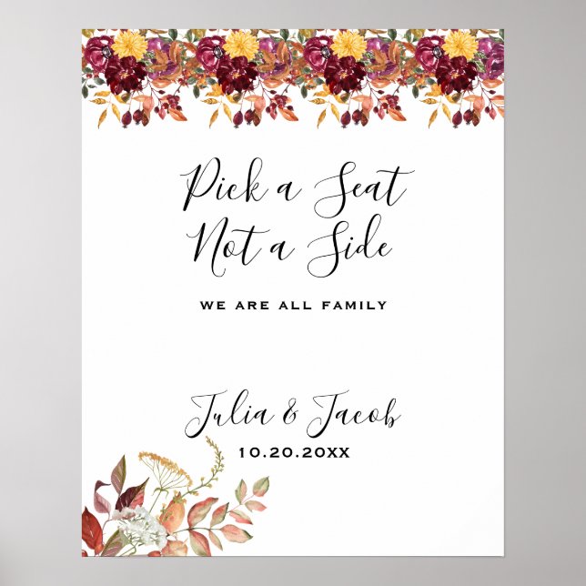 Poster Elégante aquarelle d'automne Mariage Floral (Devant)