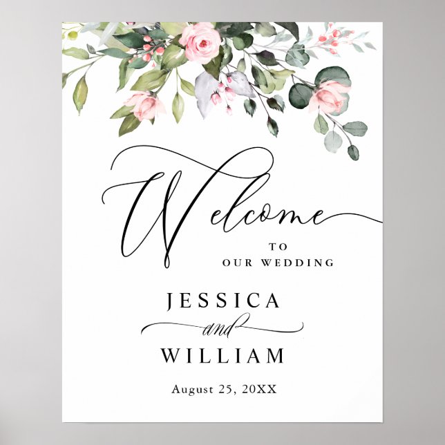 Poster Elégante aquarelle Eucalyptus Mariage Bienvenue (Devant)