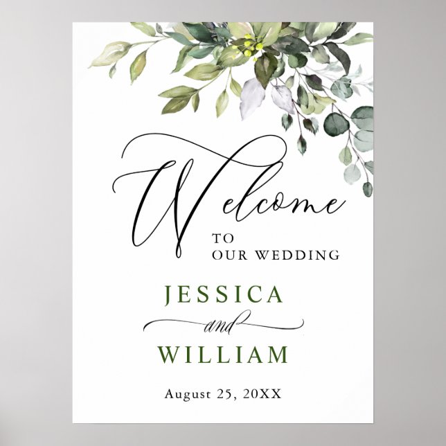 Poster Elégante aquarelle Eucalyptus Mariage Bienvenue (Devant)