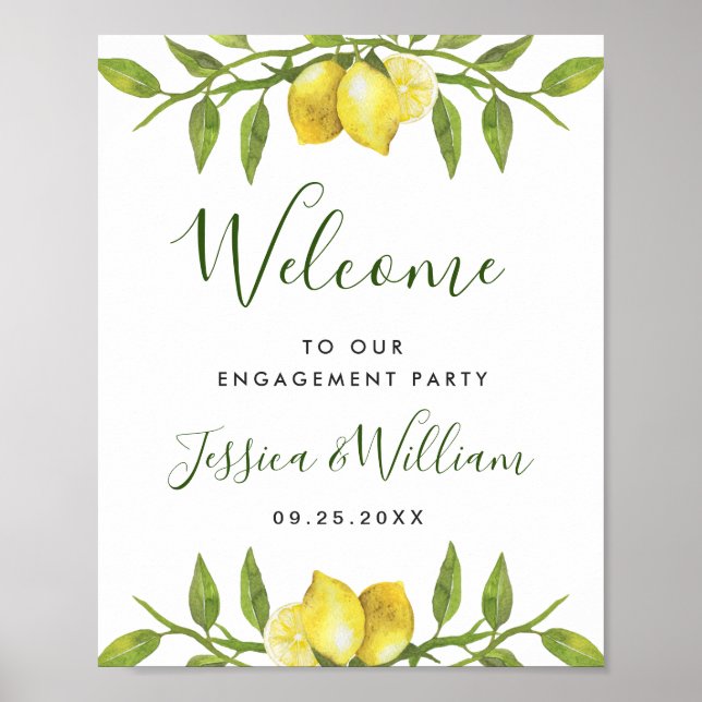 Poster Elégante aquarelle Lemon Green ENGAGEMENT PARTY (Devant)