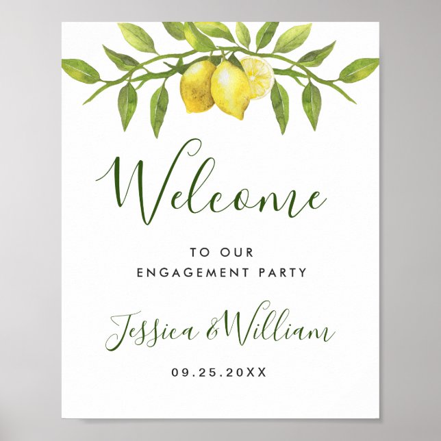 Poster Elégante aquarelle Lemon Green ENGAGEMENT PARTY (Devant)