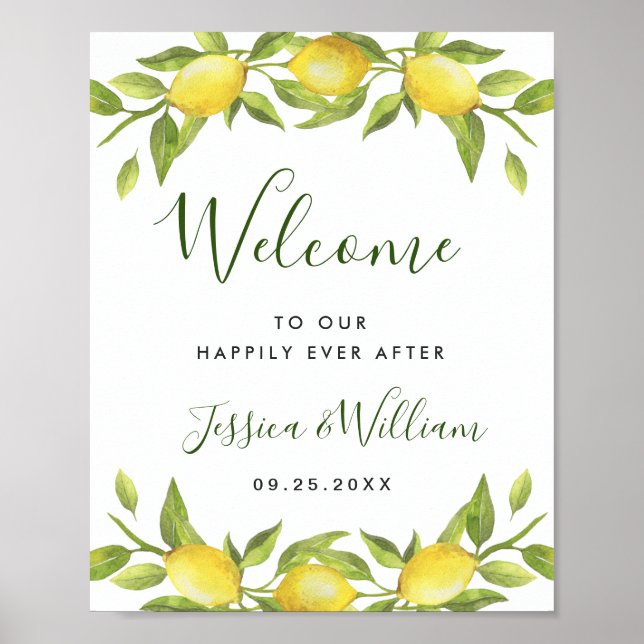 Poster Elégante aquarelle Lemons Verdure Mariage Bienvenu (Devant)