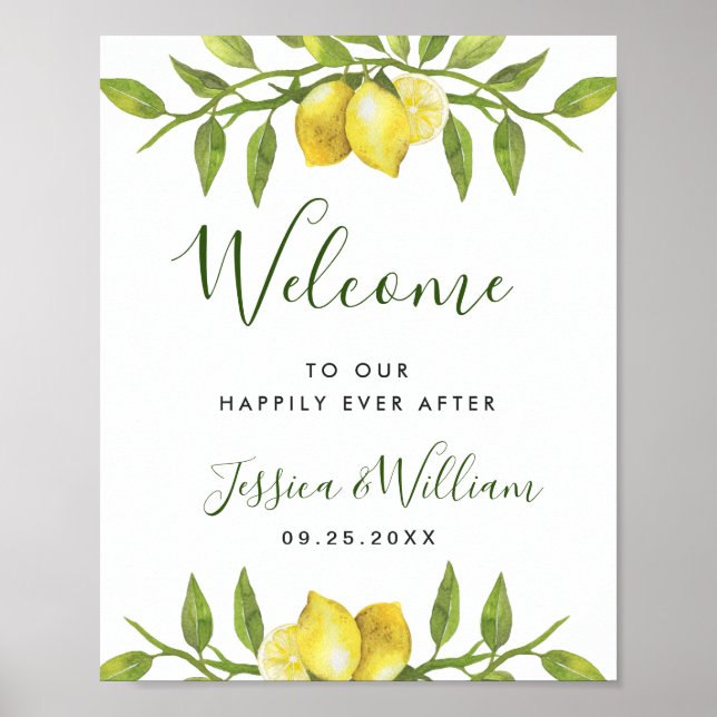Poster Elégante aquarelle Lemons Verdure Mariage Bienvenu (Devant)