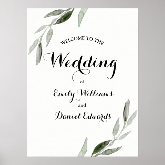 Poster Elégante aquarelle moderne Mariage feuille verte (Devant)