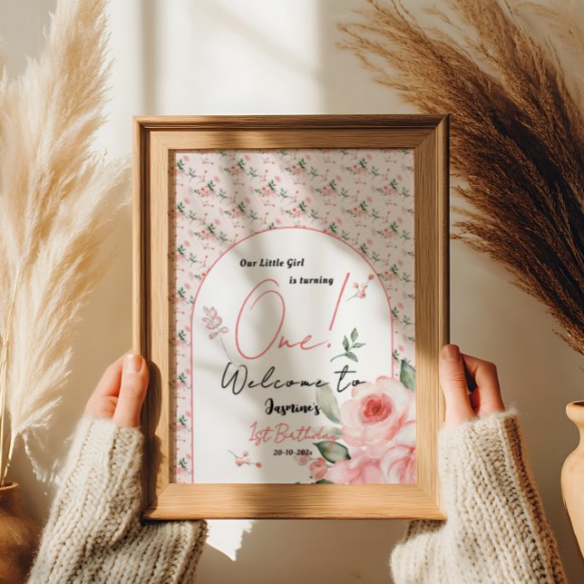 Poster Elégante aquarelle Rose fille 1er anniversaire Bie (Créateur téléchargé)
