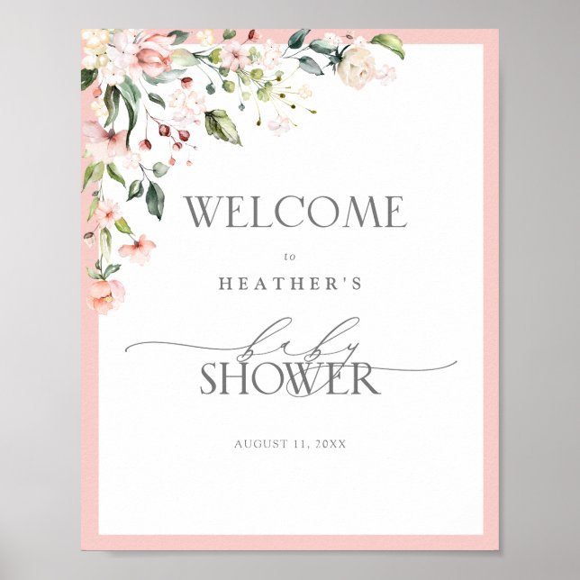 Poster Elégante aquarelle rose Floral Douche de bienvenue (Devant)
