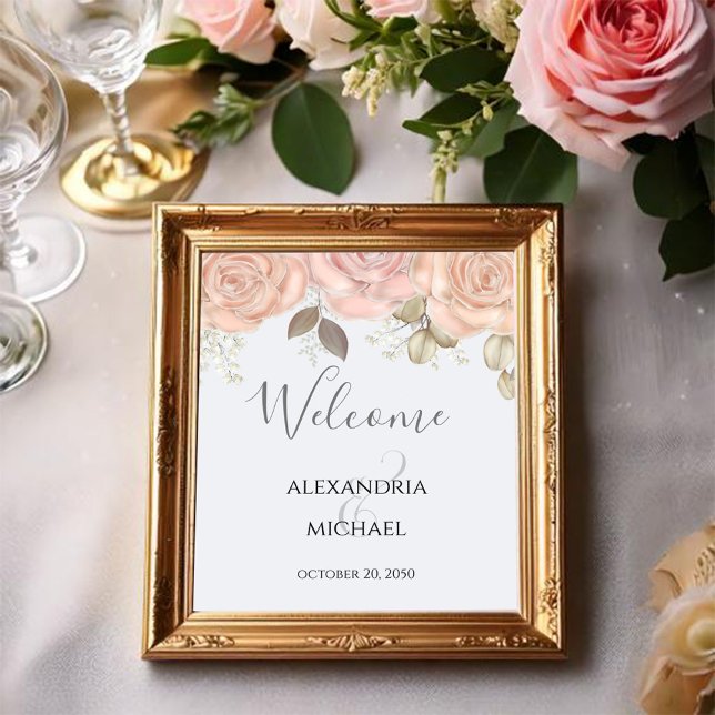 Poster Elégante aquarelle Rose Gold Green Foliage (Blush pink and light blue wedding welcome sign)