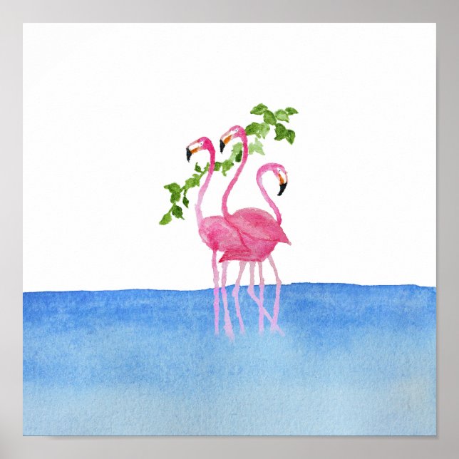 Poster Elégante aquarelle rose peinte à la main flamant (Devant)