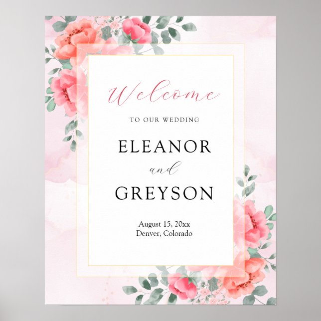 Poster Elégante aquarelle rose vif mariage bienvenue (Devant)