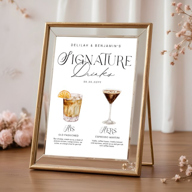 Poster Elégante aquarelle Sa signature Boisson Mariage (Elegant Watercolor His Her Signature Drink Wedding Poster)