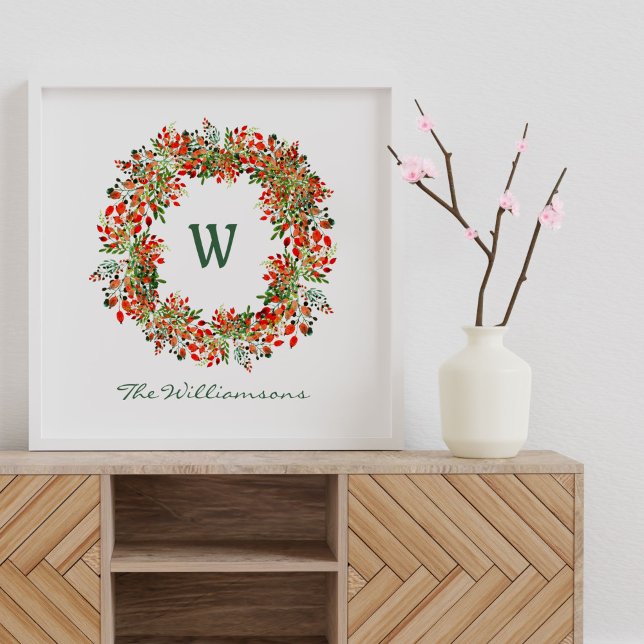 Poster Elégante aquarelle verte Wreath Monogramme personn (Créateur téléchargé)
