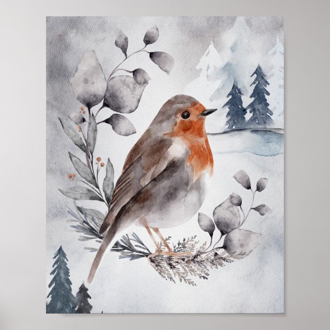 Poster Elégante aquarelle Winter American Robin (Devant)