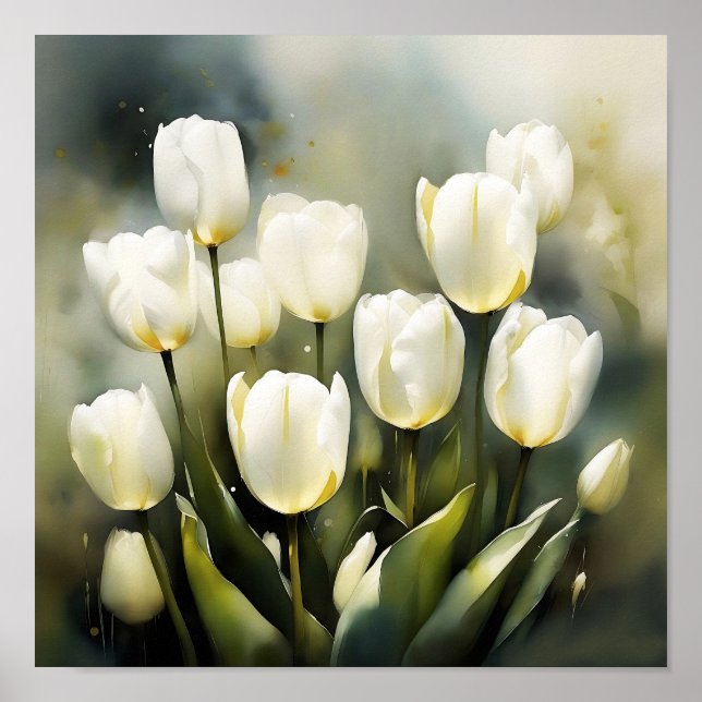 Poster Élégante bande de tulipes blanches dans un jardin  (Devant)