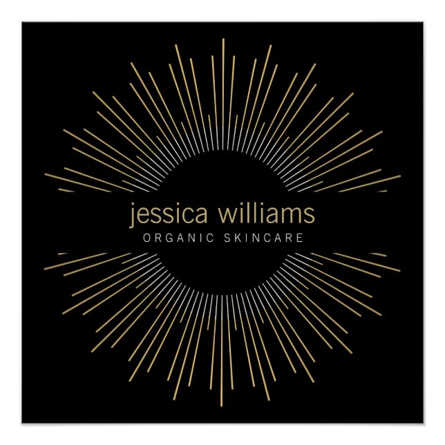 Poster Élégante Beauté Gold Sunburst Logo sur Noir (Devant)