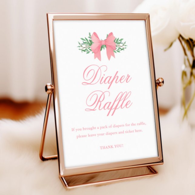 Poster Élégante béquille rose Baby shower chevalier Raffl (Elegant Pink Bow with Greenery Baby Shower Diaper Raffle Poster.)