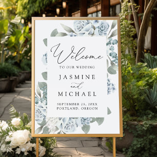 Poster Élégante Bienvenue de Mariage Florale Bleu Poussié