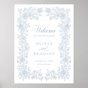 Poster Élégante Bienvenue de Mariage Florale Vintage Bleu